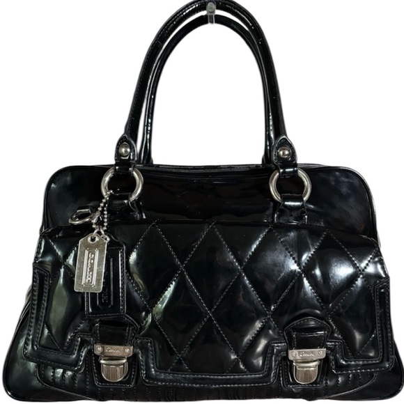 Coach Poppy Liquid Gloss Quilted Satchel Black Patent Leather Bag Purse - Picture 1 of 15
